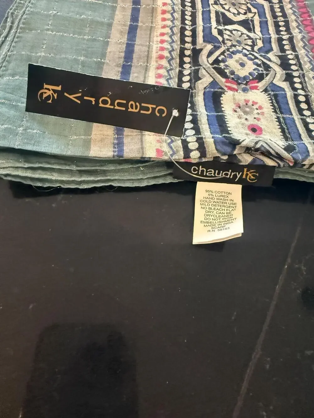 Chaudry KC Embellished Cotton Teal/Purple Scarf - Picture 5 of 6